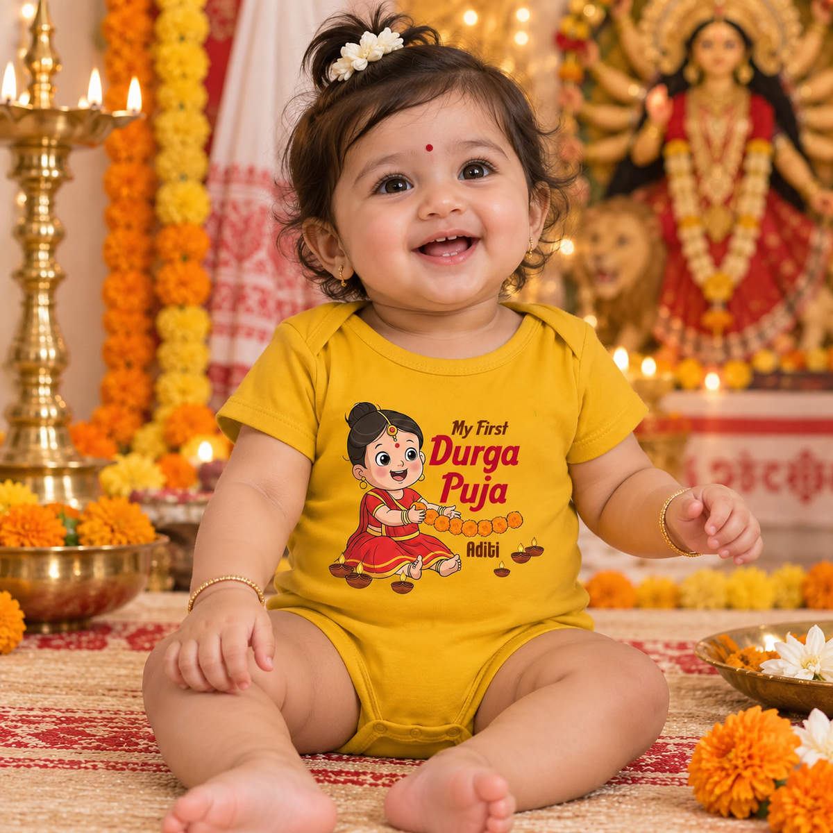 My First Durga Pooja With Customized Baby Name _ Half-Onesie