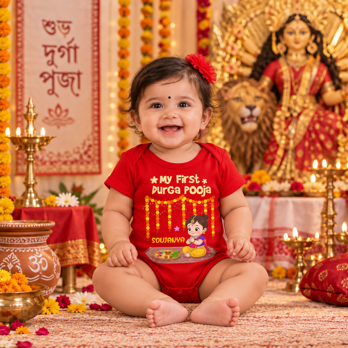 My First Durga Pooja With Customized Baby Name  _ Red Bodysuits