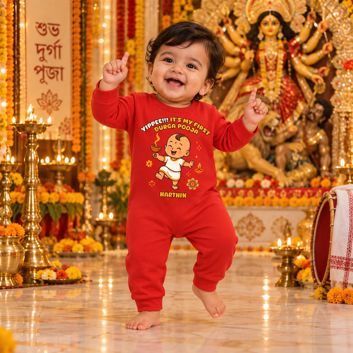 Yippee !! It's My First Durga Pooja  With Customized Name _ Full Red Romper