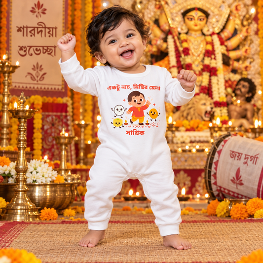A Little Dance With A Fair Of Sweets With Customized Baby Boy  Name _ Full White Romper