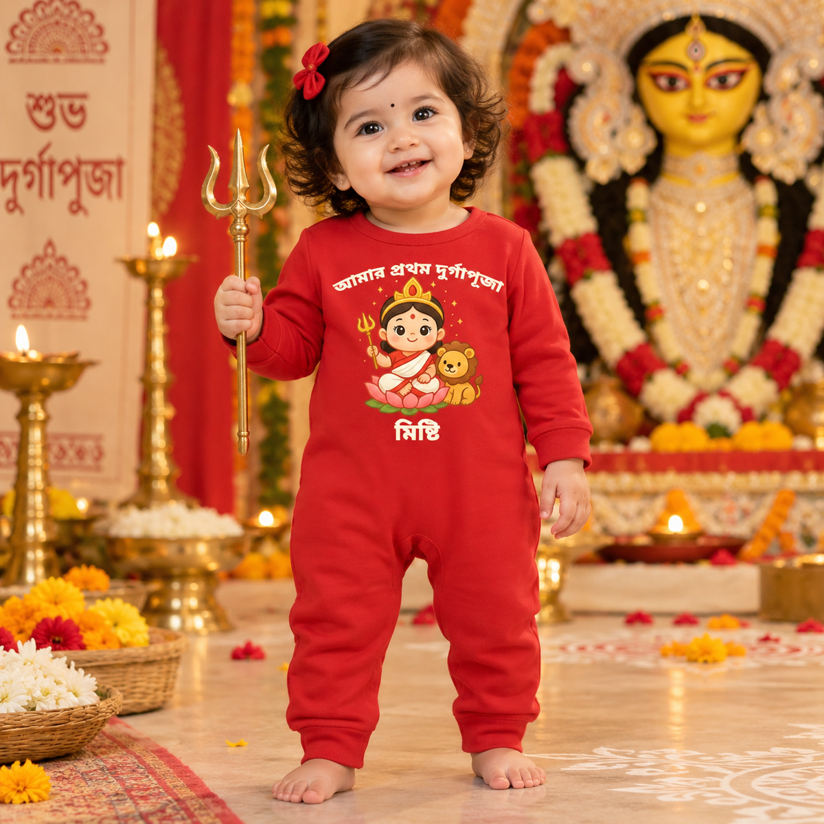 My First Durga Puja - In Bengali With Customized Baby Girl Name _ Full Red Romper