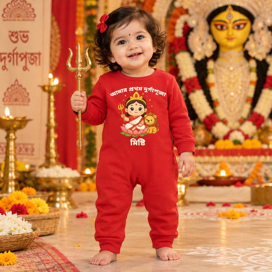 My First Durga Puja - In Bengali With Customized Baby Girl Name _ Full Red Romper