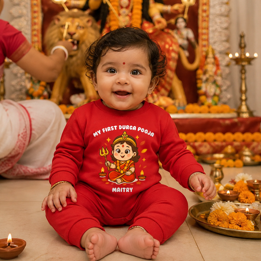 My First Durga Pooja  With Customized Name _ Full Red Romper