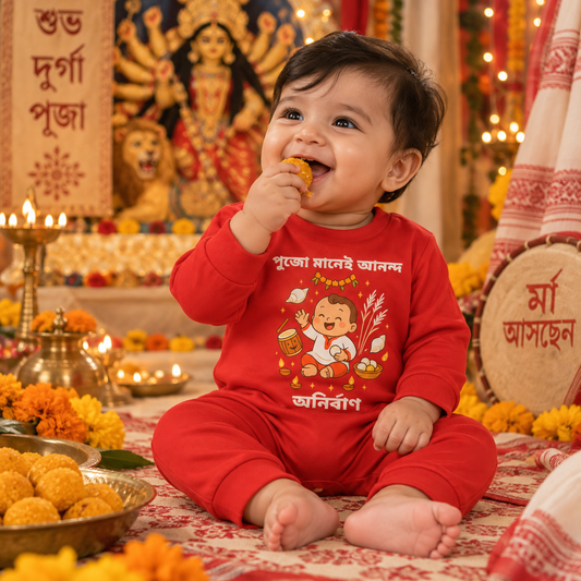 Pujo Mane Anondo  In Bengali With Customized Baby Name _ Full Red Romper