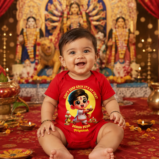 Can't Keep Calm It's My First Durga Puja With Customised Name _Red romper