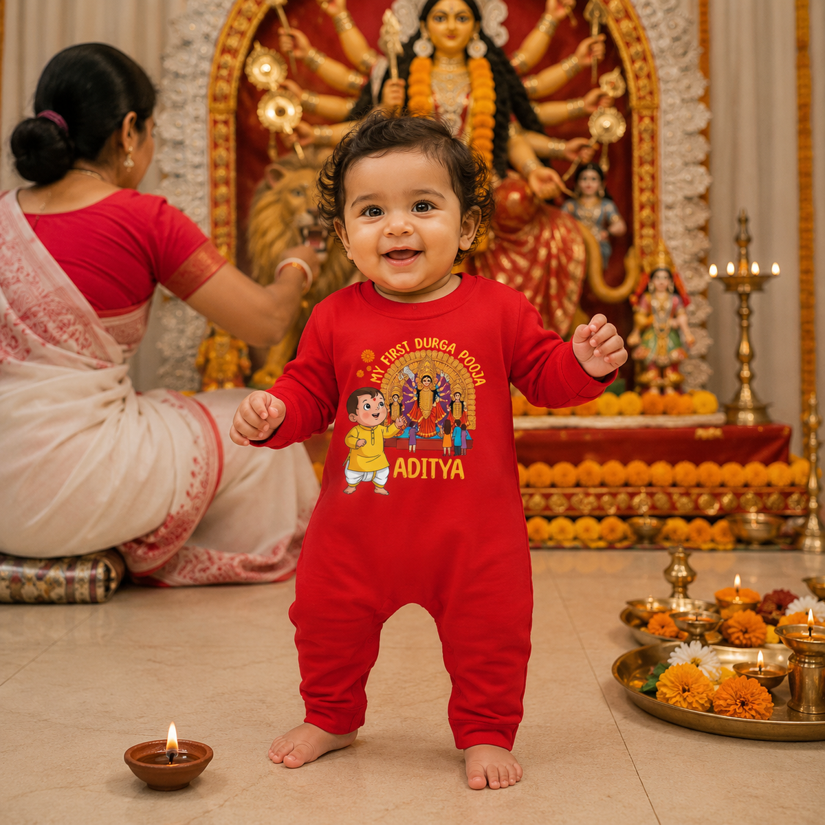 My First Durga Pooja  With Customized Baby Boy Name _ Full Red Romper