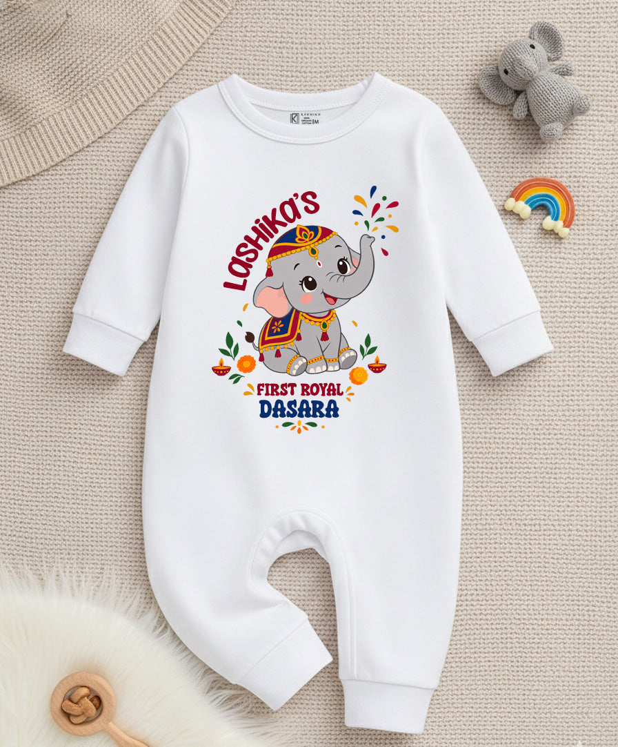 First Royal Dasara With Customized Baby Name _ Full White Romper