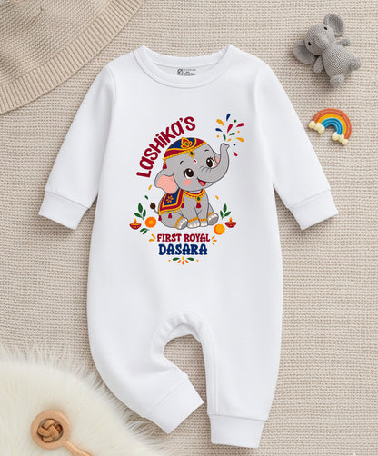 First Royal Dasara With Customized Baby Name _ Full White Romper