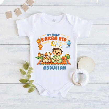 Newborn & Baby Clothing | My First Bakra Eid White Dress Romper With Personalized Baby Boy Name | Soft Cotton