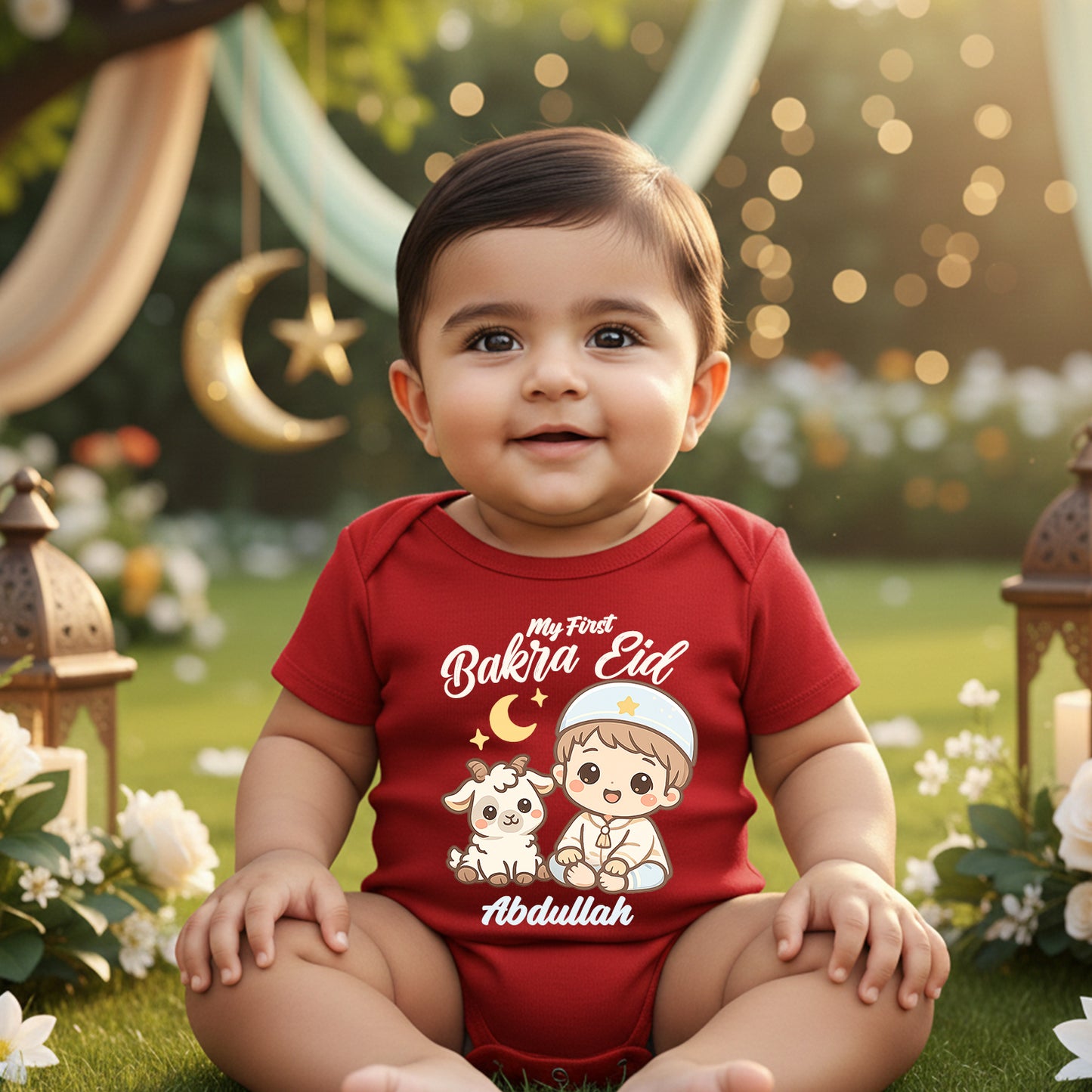 Newborn & Baby Clothing | My First Bakra Eid Romper With Personalized Baby Boy Name | Soft Red Cotton