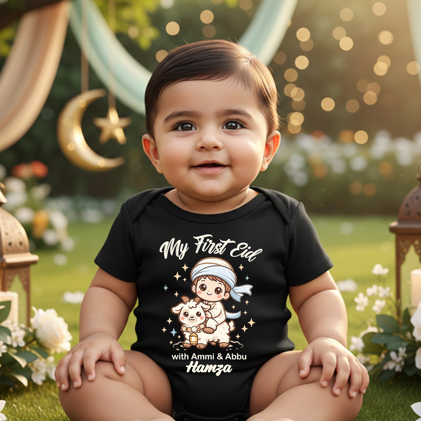 Newborn & Baby Clothing | My First Bakra Eid With Ammi & Abbu Romper With Personalized Baby Boy Name | Soft Black Cotton