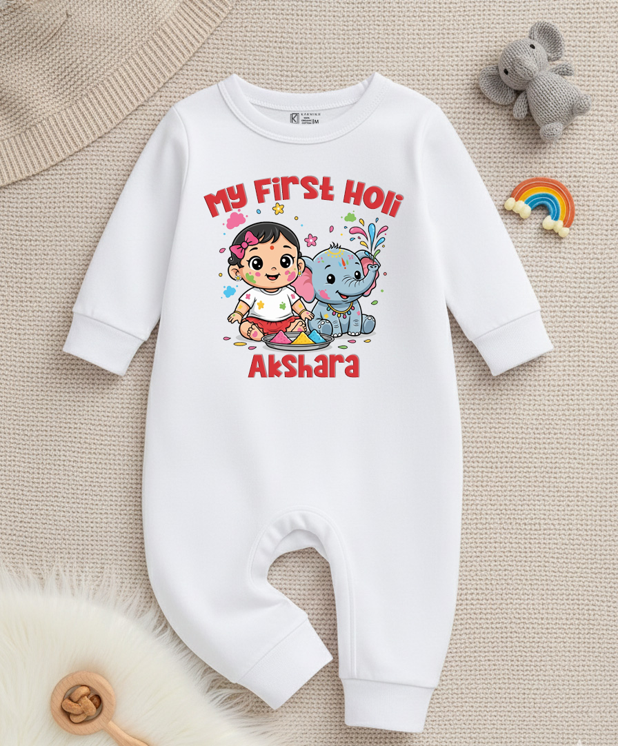 New Born & Baby Clothing | Baby First Holi Dress with Girl Baby Name | Soft Cotton