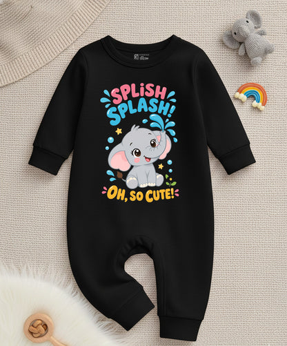 Karmikh Baby Romper | Karmikh Splish Splash Elephant Baby Romper | Black Full Romper