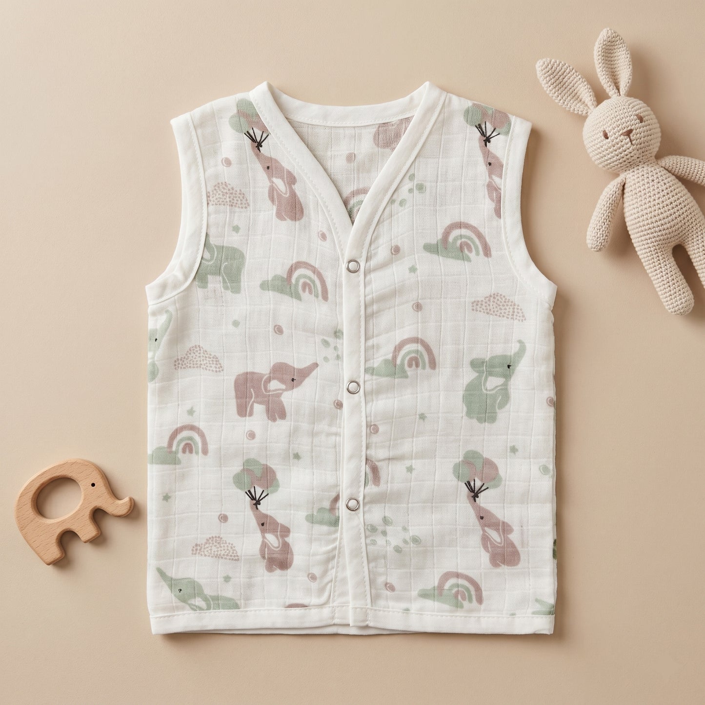 New Born & Baby Clothing | Sleeveless Muslin Baby Dress (3-6 Months) Green Elephant Cute Print | Soft Cotton