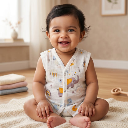 New Born & Baby Clothing | Sleeveless Muslin Baby Dress (0-3 Months)Elephants Cute Print | Soft Cotton