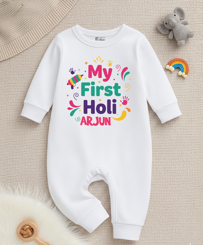 New Born & Baby Clothing | Baby My First Holi Dress with Customized Baby Boy Name | Soft Full Cotton Romper