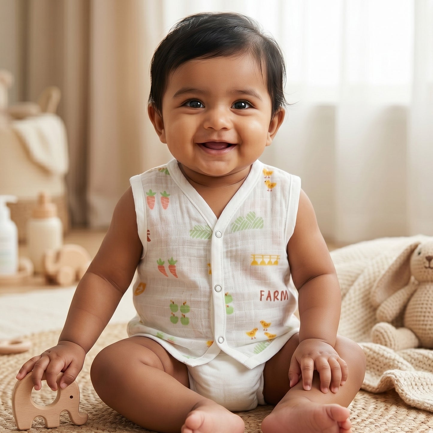 New Born & Baby Clothing | Sleeveless Muslin Baby Dress (3-6 Months) Farm Cute Print | Soft Cotton