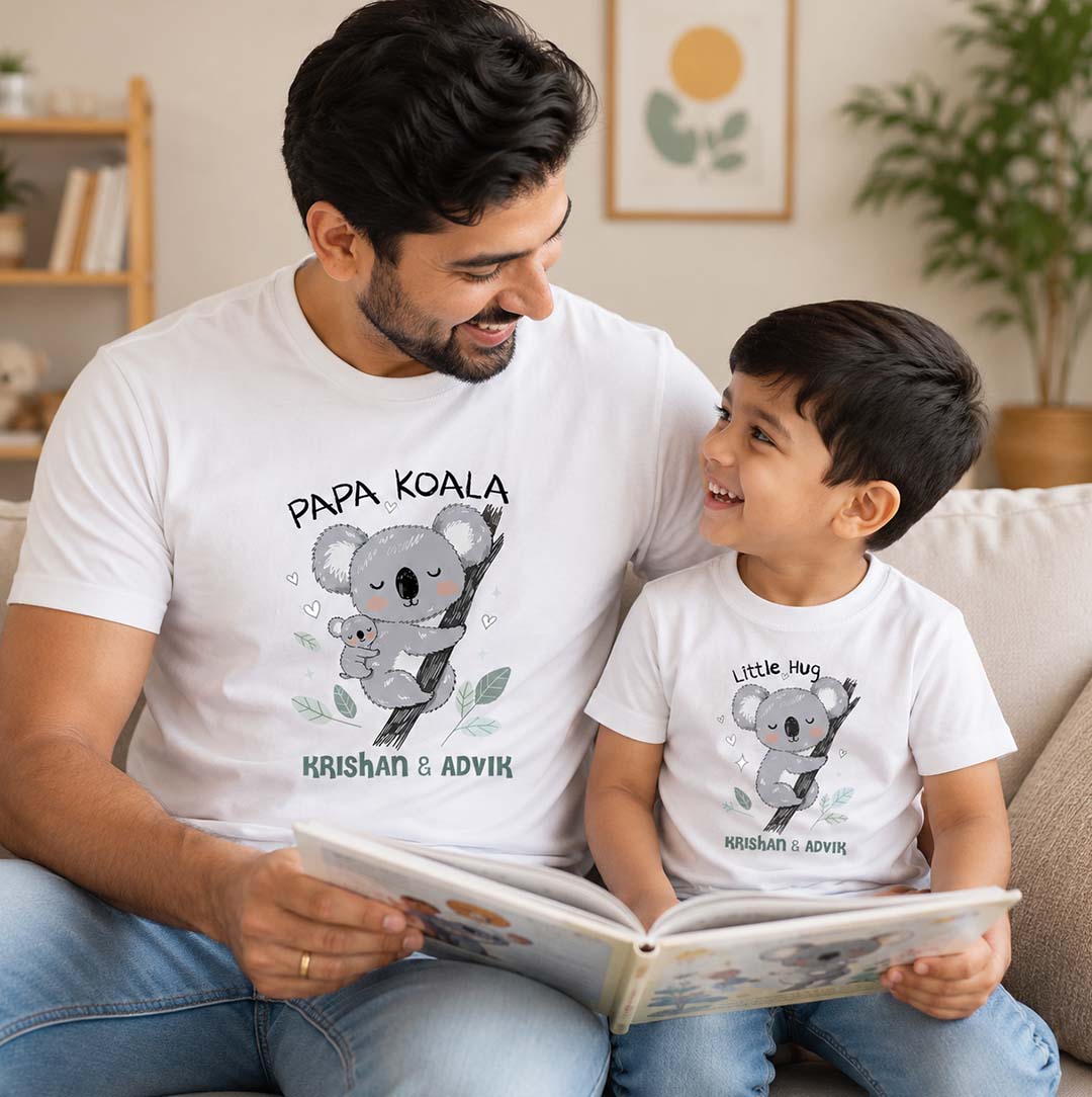 New Born & Baby Clothing | Papa Koala & Baby Koala Together Father & Son Twinning White Sets | Soft T-shirt