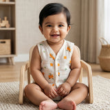 New Born & Baby Clothing | Sleeveless Muslin Baby Dress (0-3 Months) Orange Flowers Cute Print | Soft Cotton