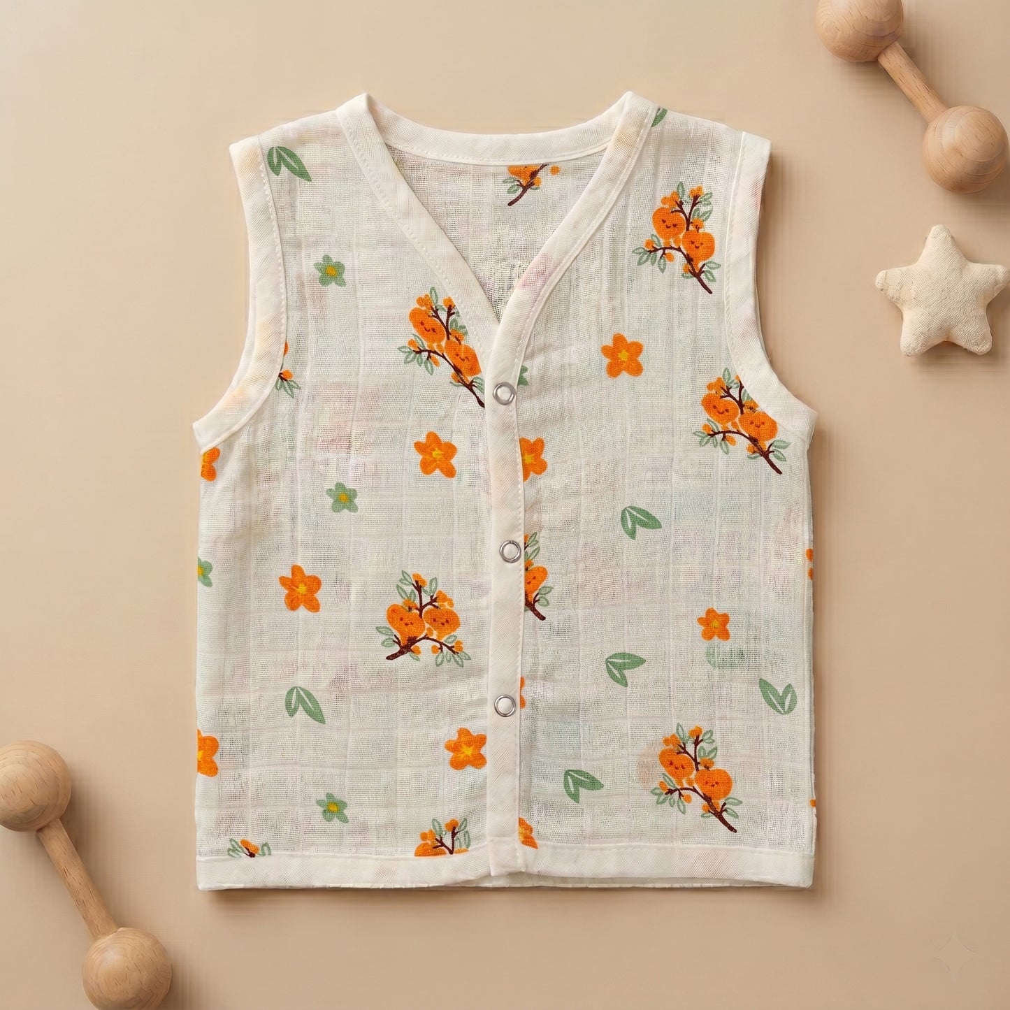 New Born & Baby Clothing | Sleeveless Muslin Baby Dress (0-3 Months) Orange Flowers Cute Print | Soft Cotton