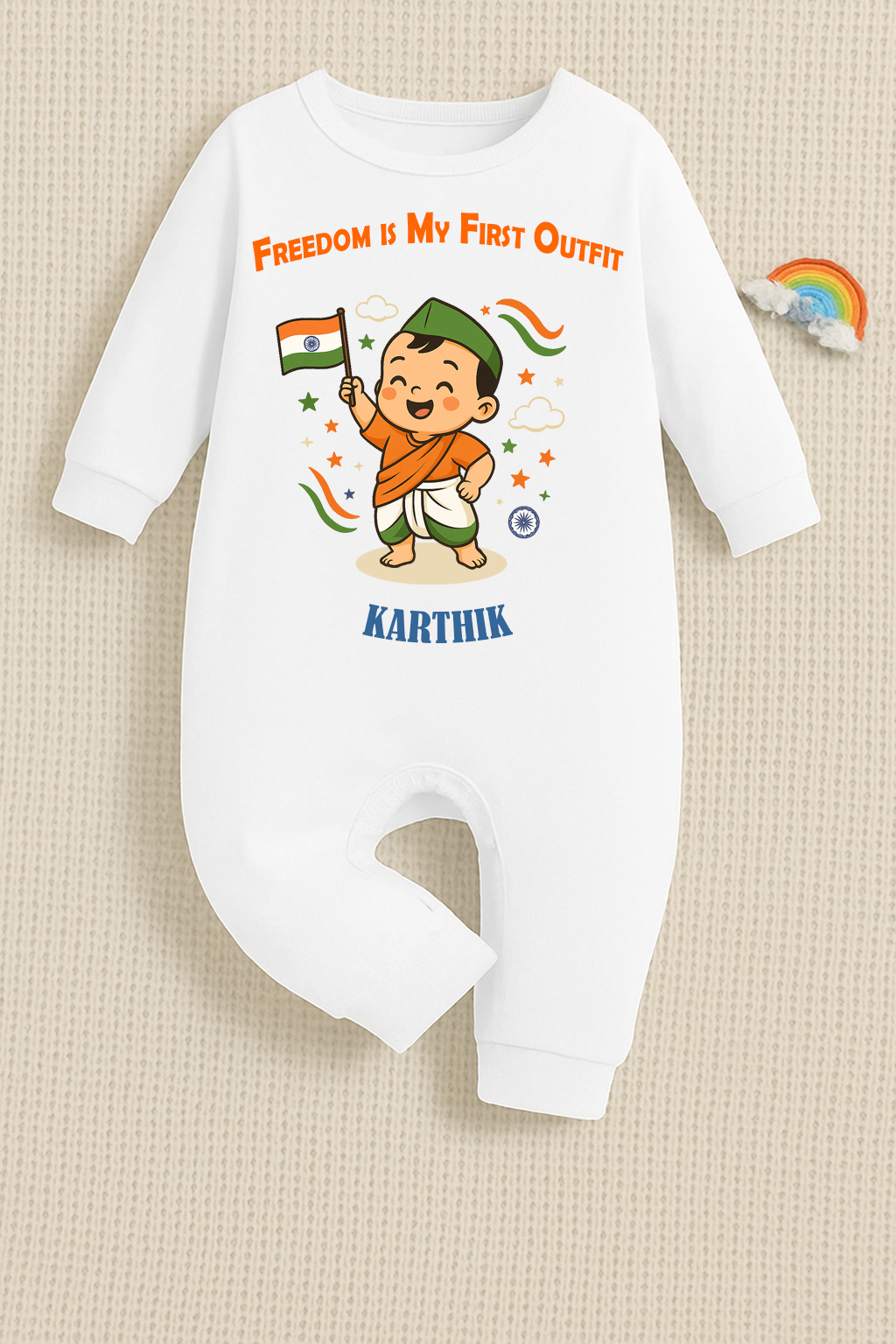 Freedom Is My First Outfit with customised baby name  _White Full Romper