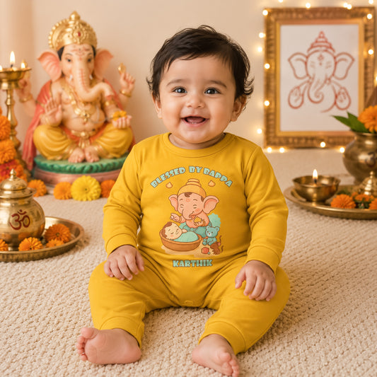 Blessed By Bappa with customised name_ Full Yellow Romper