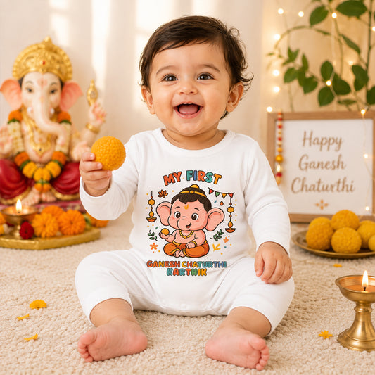 My First Ganesh Chaturthi with customised name_ Full White Romper