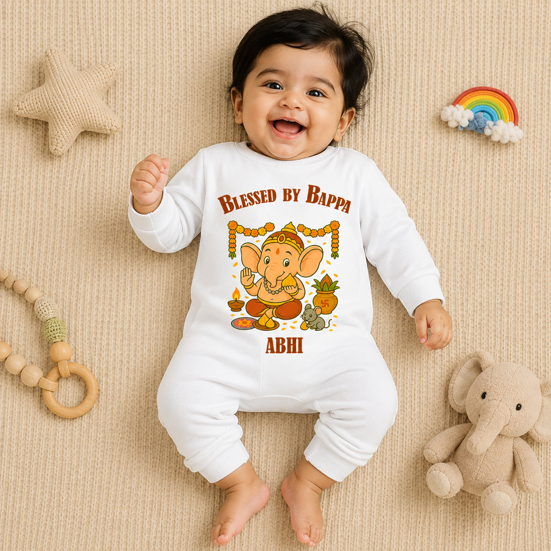 Blessed By Bappa with customised name_ Full White Romper