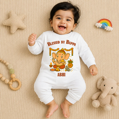Blessed By Bappa with customised name_ Full White Romper