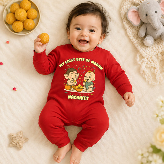 My First Bite Of Modak with customised name_ Full Red Romper
