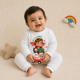 Vrooming with Vinayaka with customised name_ Full White Romper