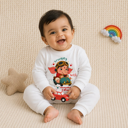 Vrooming with Vinayaka with customised name_ Full White Romper