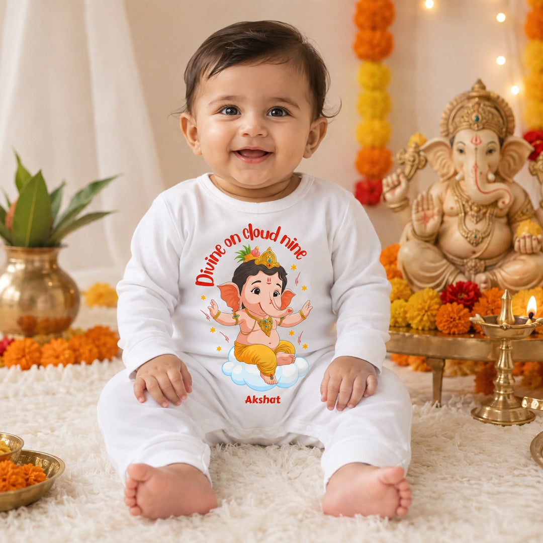 Divine On Cloud Nine with customised name_ Full White Romper