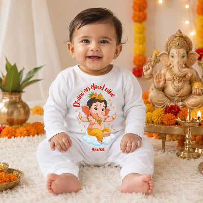 Divine On Cloud Nine with customised name_ Full White Romper