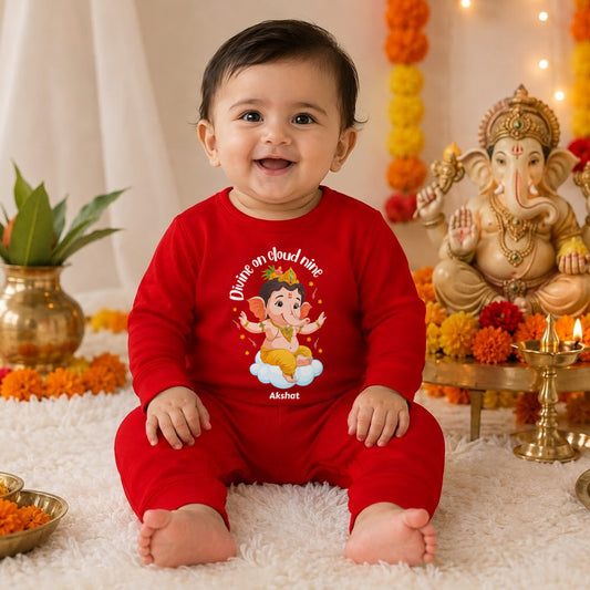 Divine On Cloud Nine with customised name_ Full Red Romper
