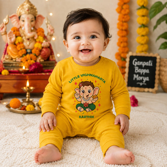 Little Vignaharta with customised name_ Full Yellow Romper