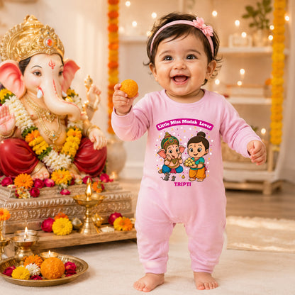 Little Miss Modak Lover with customised name_ Full Pink Romper