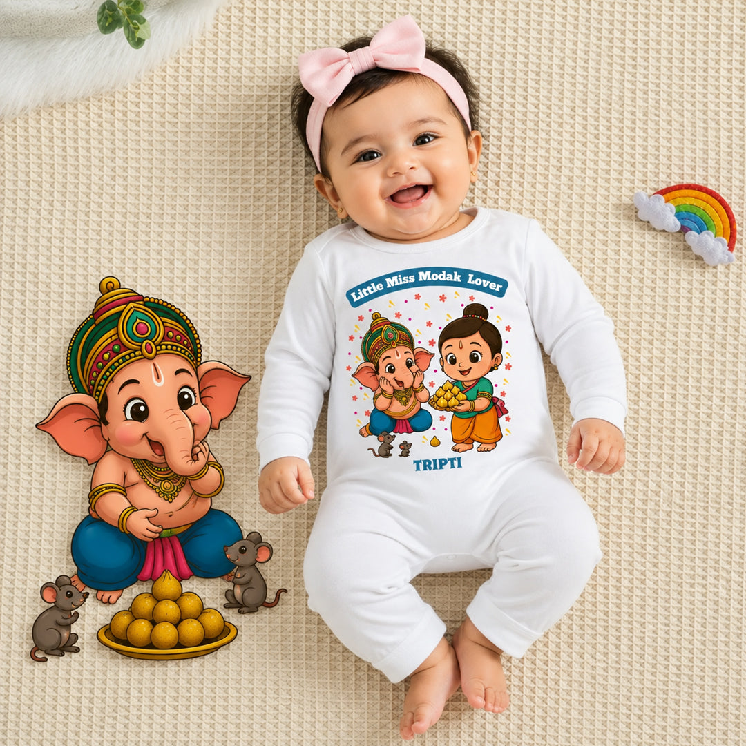 Little Miss Modak Lover with customised name_ Full White Romper