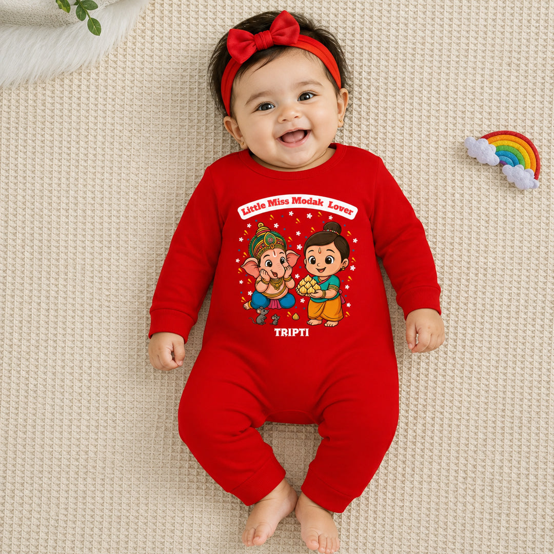 Little Miss Modak Lover with customised name_ Full Red Romper