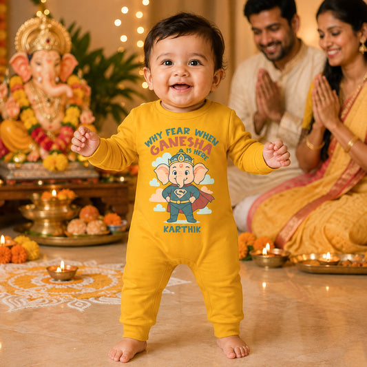 Why Fear When Ganesha Is Here with customised name_ Full Yellow Romper