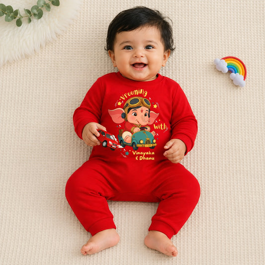 Vrooming with Vinayaka with customised name_ Full Red Romper
