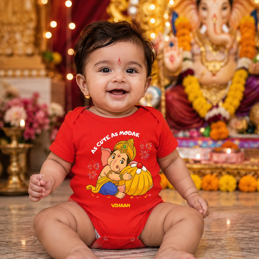 As Cute As Modak with customised name_ Red Onesie