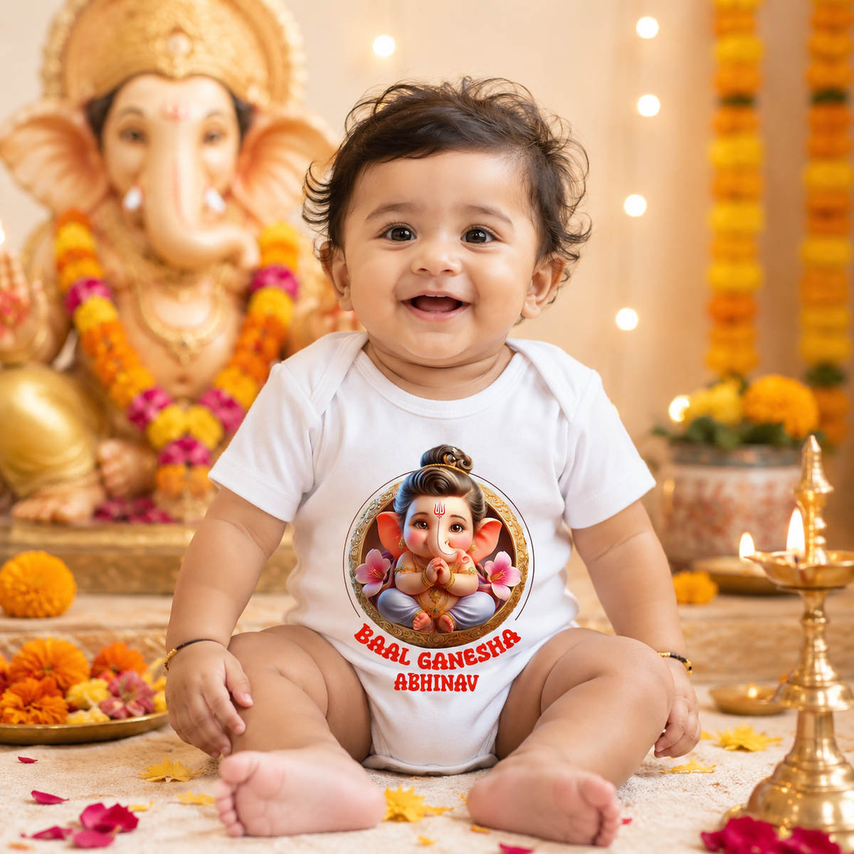 Baal Ganesha with customised name_ White Onesie