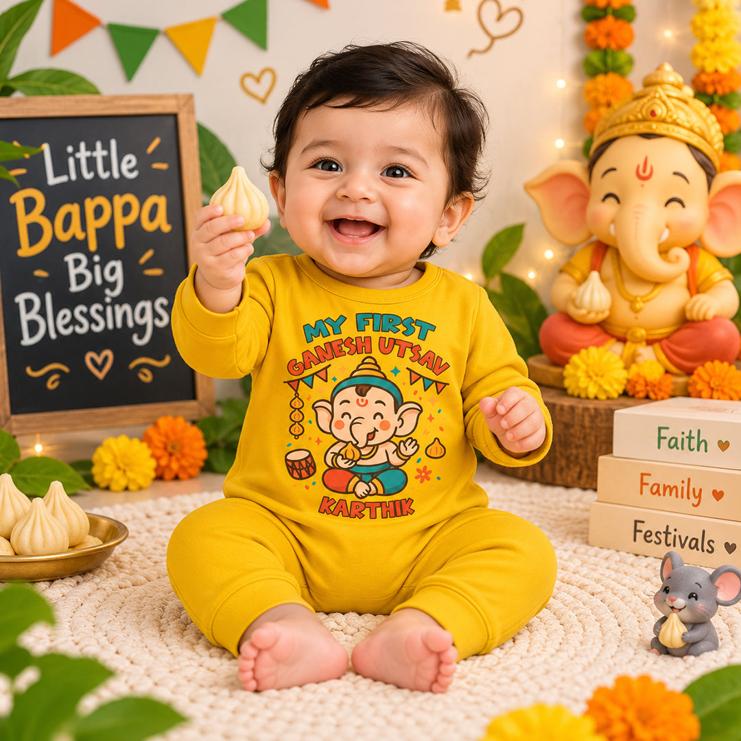 My First Ganesh Utsav with customised name_ Full Yellow Romper