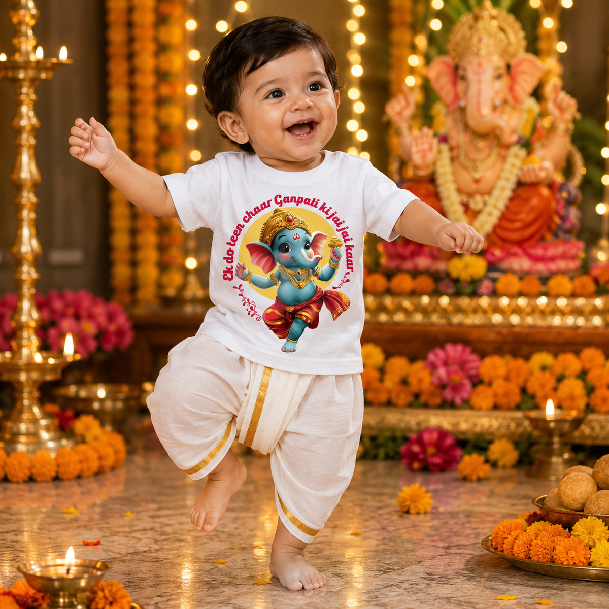 Ek do teen char ganpati ki jai jai kar_ white T shirt