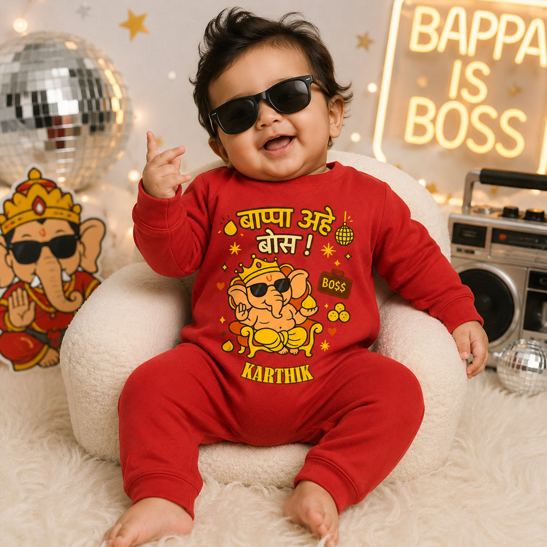 Bappa Aaye Boss! in Marathi with customised name_ Full Red Romper