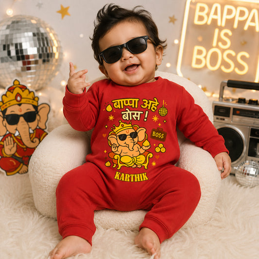 Bappa Aaye Boss! in Marathi with customised name_ Full Red Romper