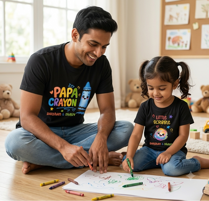 New Born & Baby Clothing | Papa Crayon & Little Scribble Together Father & Daughter Twinning Black Sets | Soft T-shirt
