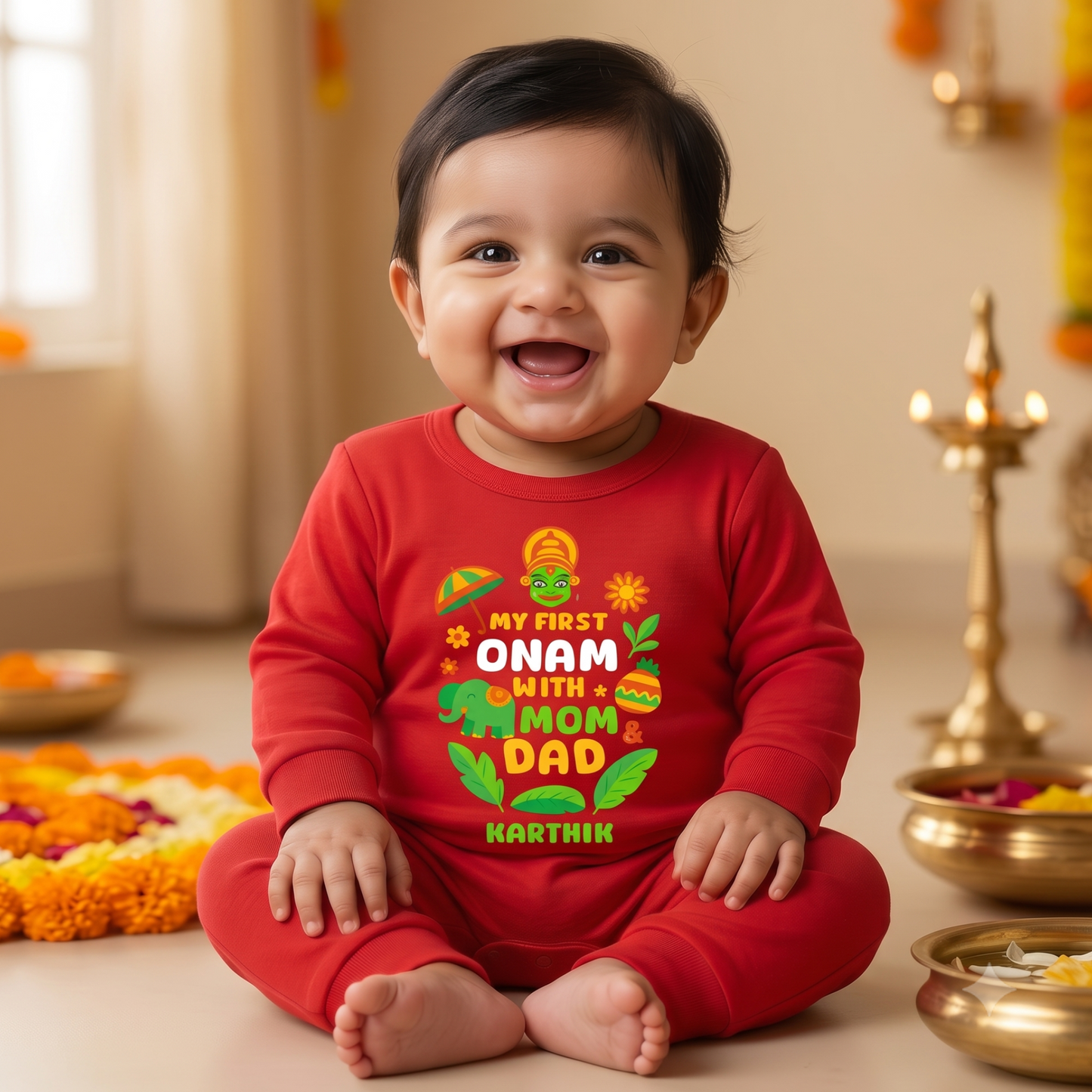My First Onam With Mom Dad With Customised Name_ Red Full Romper