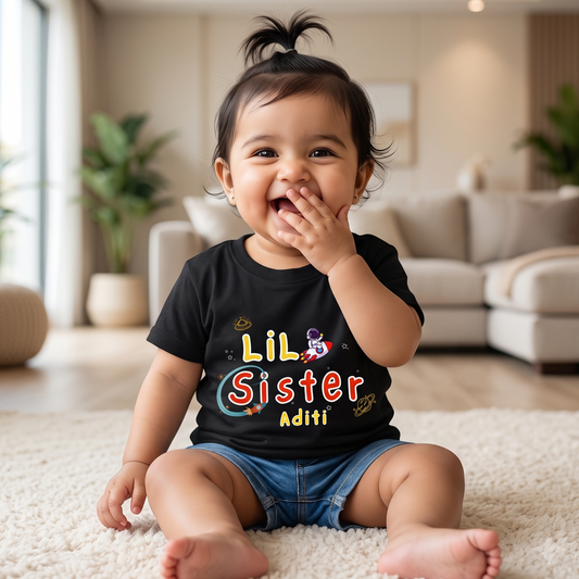 Little Sister customised with name _ Black tee